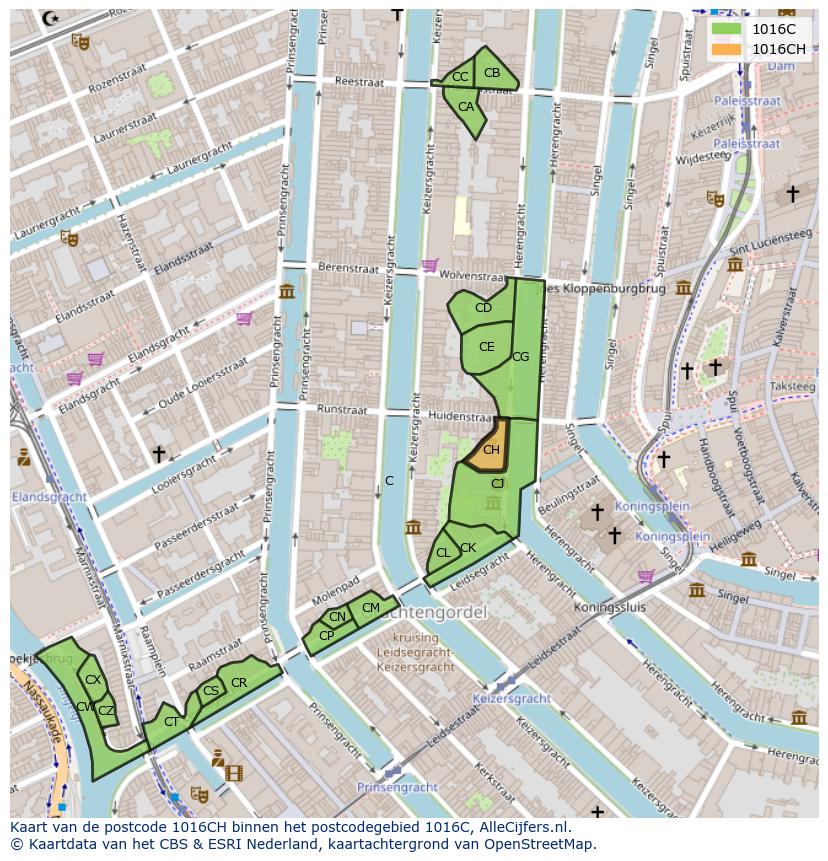 Afbeelding van het postcodegebied 1016 CH op de kaart.