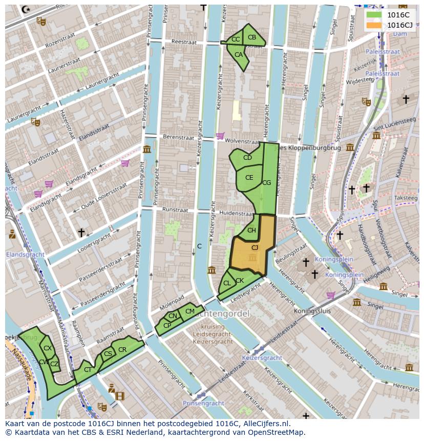Afbeelding van het postcodegebied 1016 CJ op de kaart.
