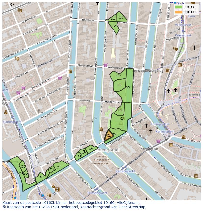Afbeelding van het postcodegebied 1016 CL op de kaart.