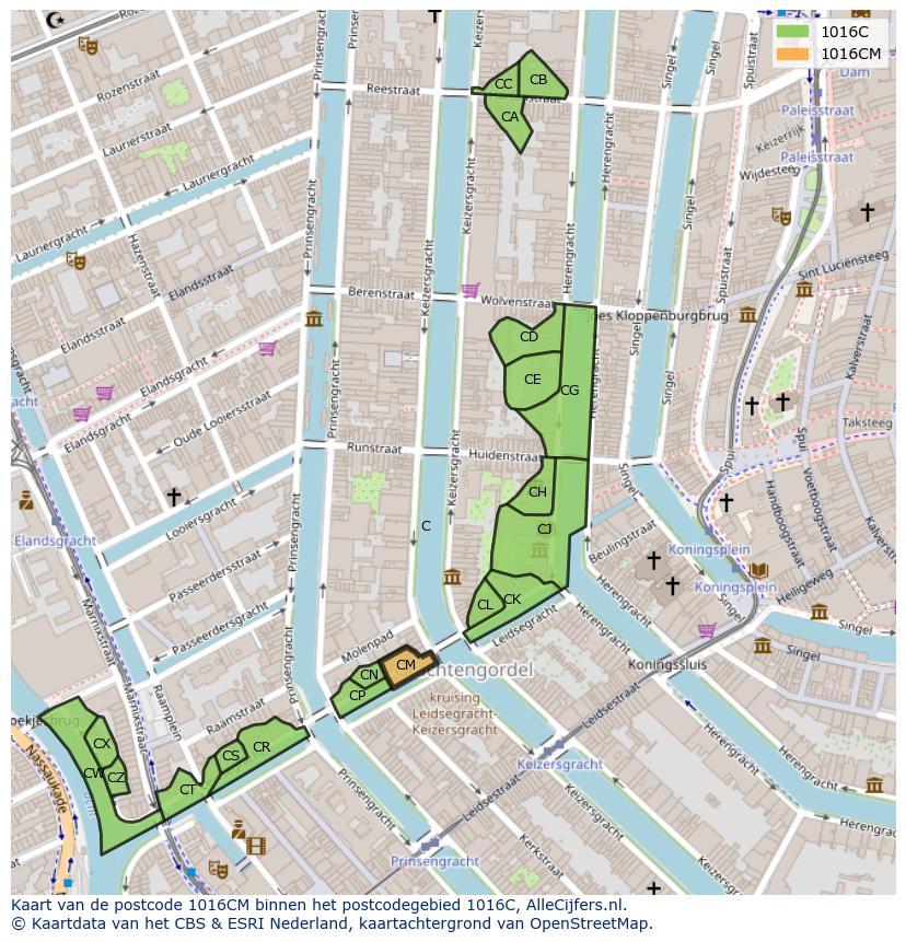 Afbeelding van het postcodegebied 1016 CM op de kaart.