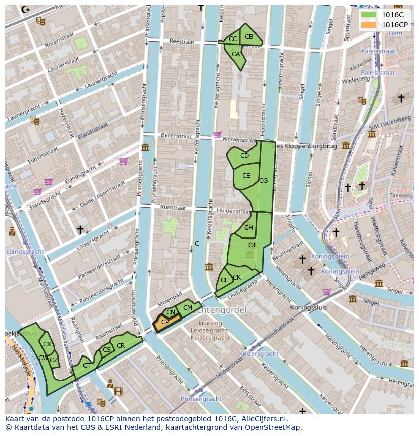 Afbeelding van het postcodegebied 1016 CP op de kaart.