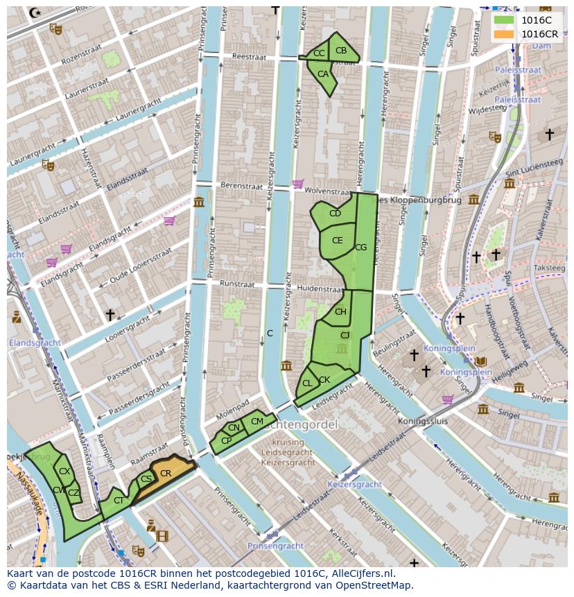 Afbeelding van het postcodegebied 1016 CR op de kaart.