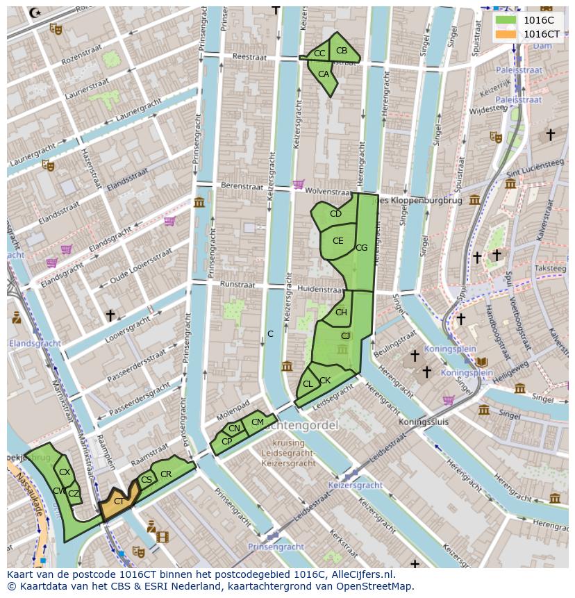 Afbeelding van het postcodegebied 1016 CT op de kaart.