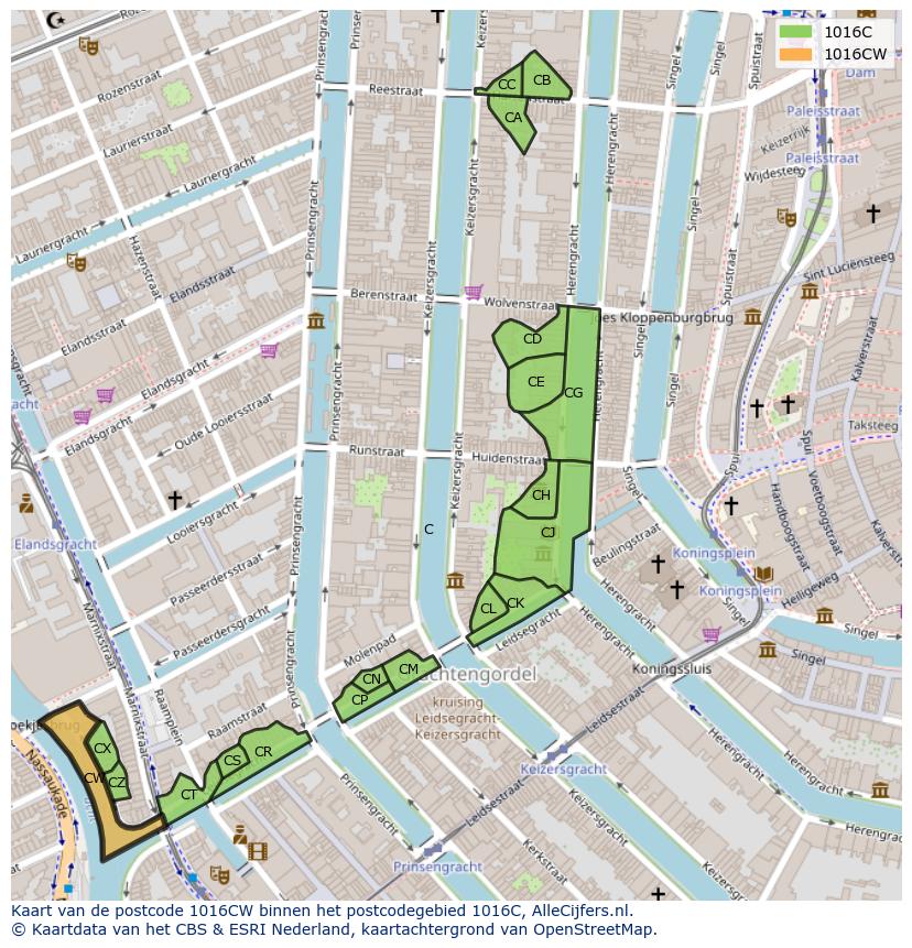 Afbeelding van het postcodegebied 1016 CW op de kaart.