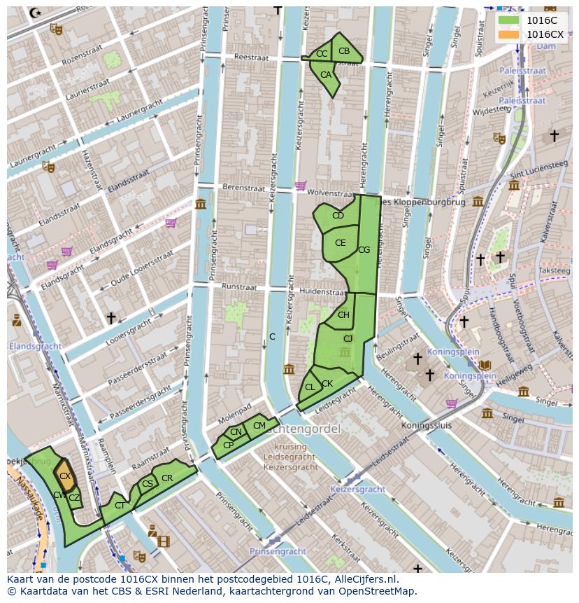Afbeelding van het postcodegebied 1016 CX op de kaart.
