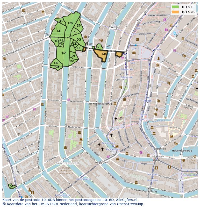 Afbeelding van het postcodegebied 1016 DB op de kaart.