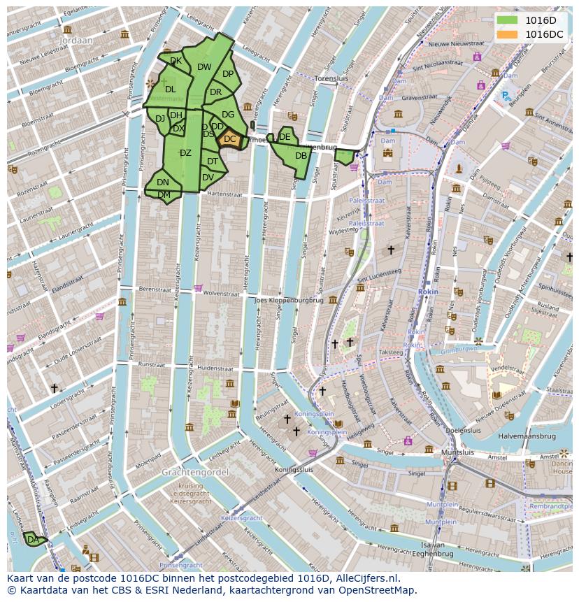 Afbeelding van het postcodegebied 1016 DC op de kaart.