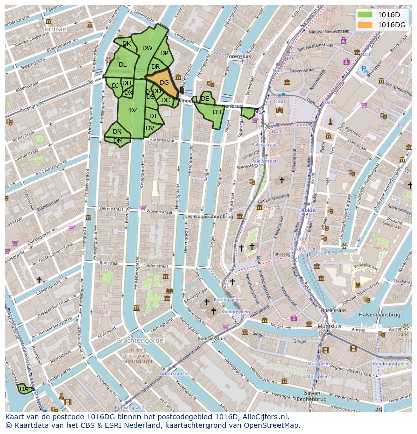Afbeelding van het postcodegebied 1016 DG op de kaart.