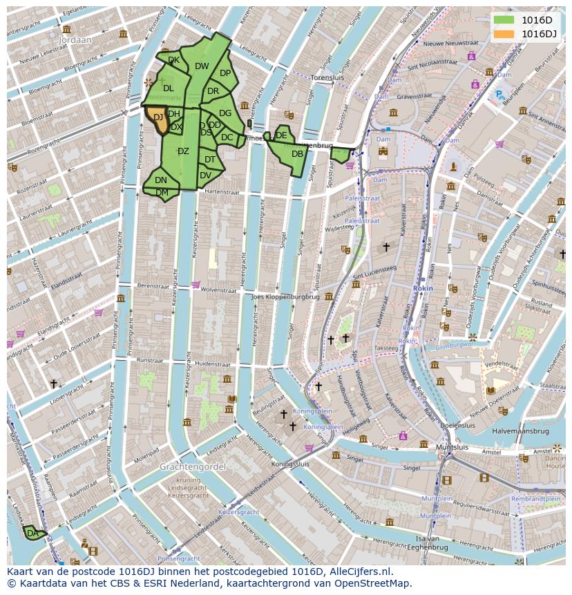 Afbeelding van het postcodegebied 1016 DJ op de kaart.