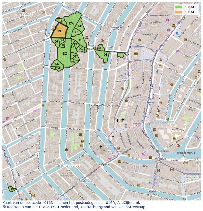 Afbeelding van het postcodegebied 1016 DL op de kaart.