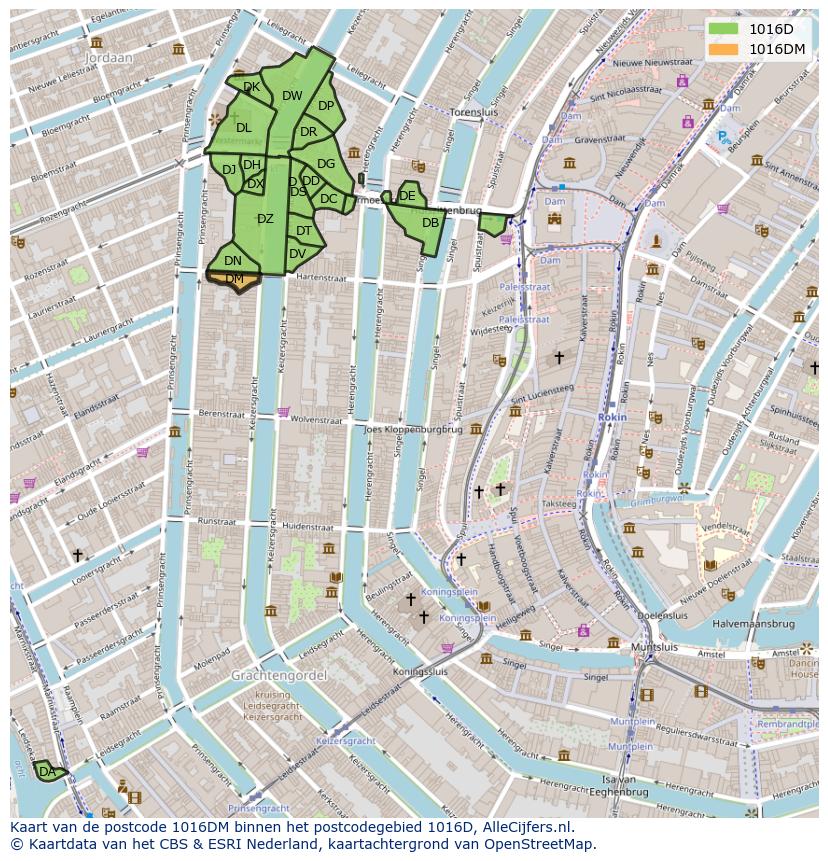 Afbeelding van het postcodegebied 1016 DM op de kaart.