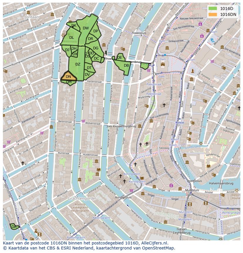 Afbeelding van het postcodegebied 1016 DN op de kaart.