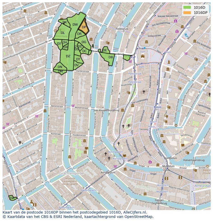 Afbeelding van het postcodegebied 1016 DP op de kaart.