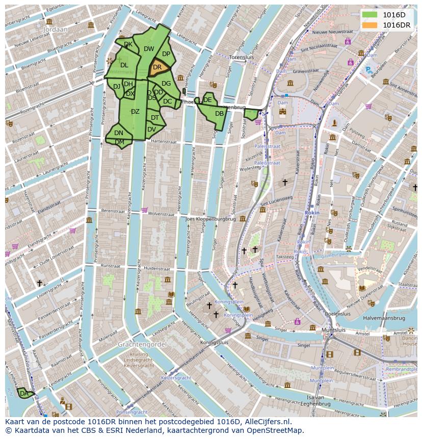 Afbeelding van het postcodegebied 1016 DR op de kaart.