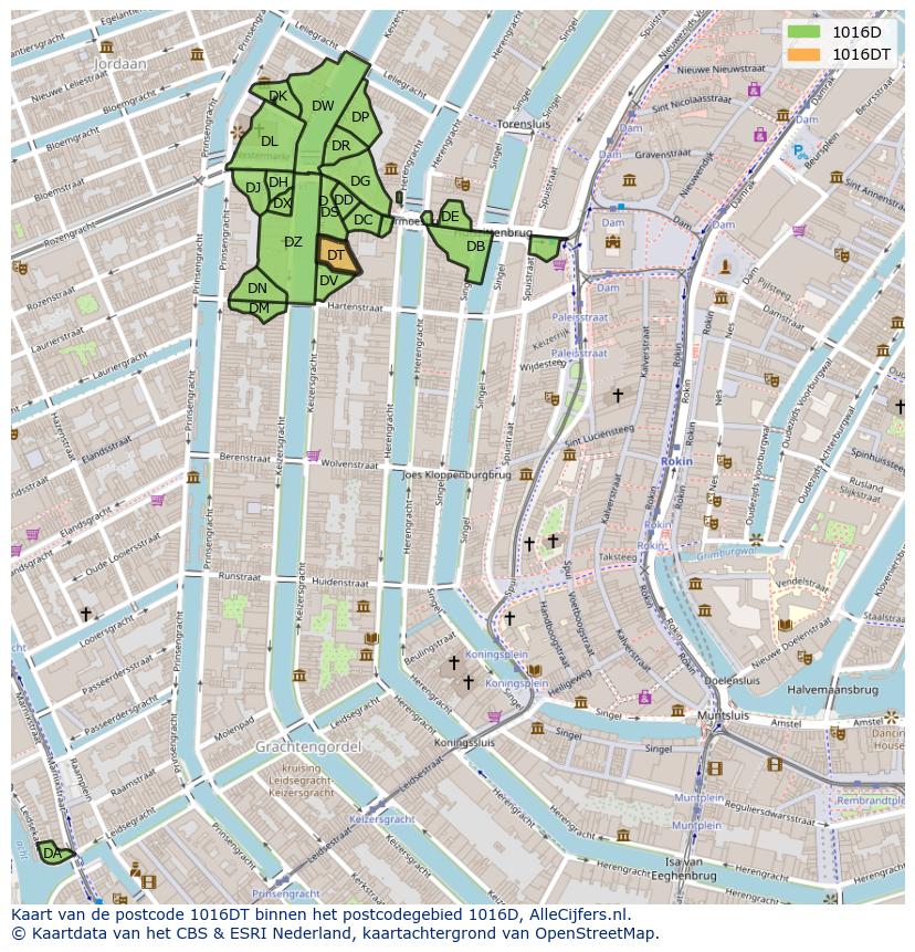 Afbeelding van het postcodegebied 1016 DT op de kaart.