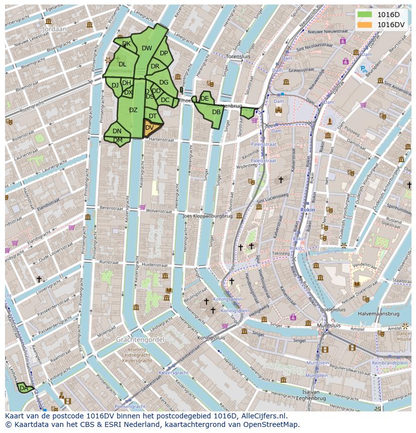 Afbeelding van het postcodegebied 1016 DV op de kaart.