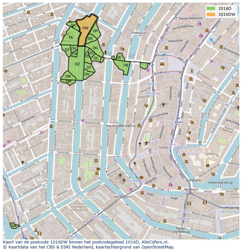 Afbeelding van het postcodegebied 1016 DW op de kaart.