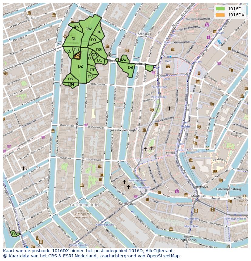 Afbeelding van het postcodegebied 1016 DX op de kaart.