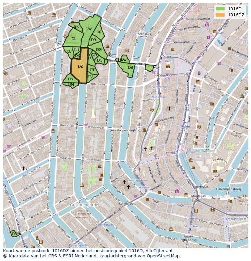 Afbeelding van het postcodegebied 1016 DZ op de kaart.