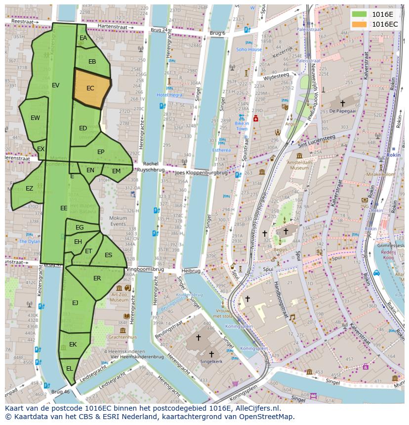 Afbeelding van het postcodegebied 1016 EC op de kaart.