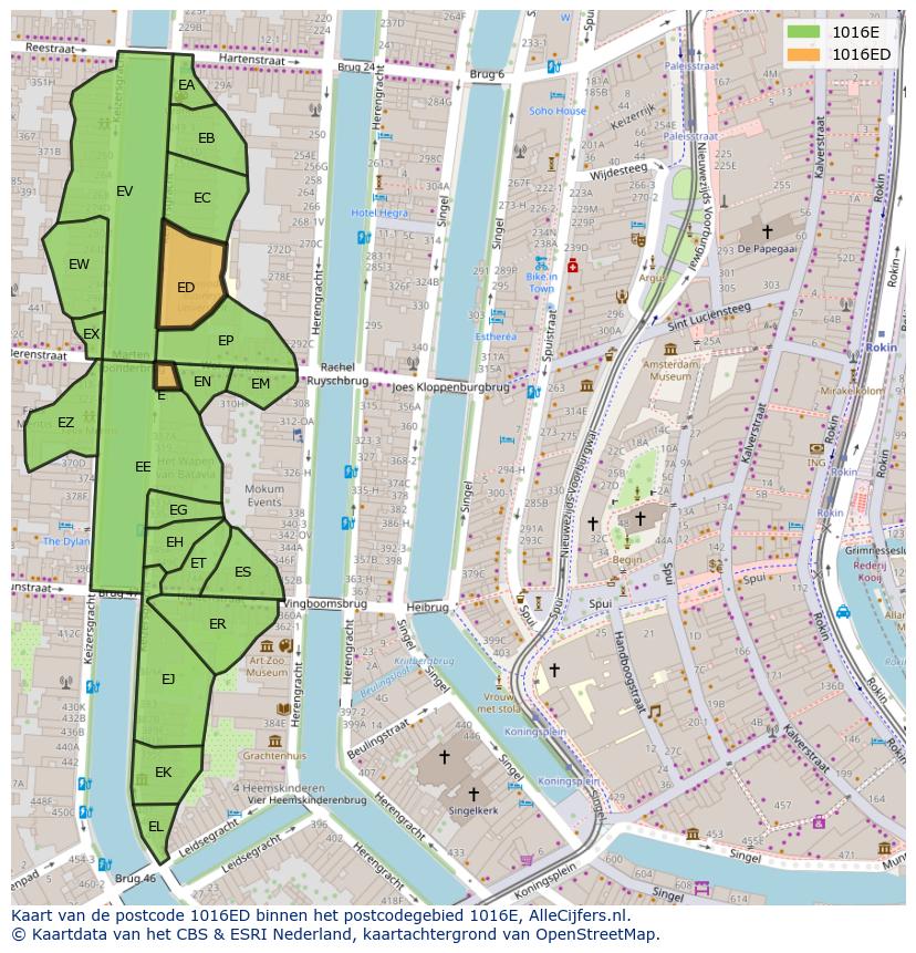 Afbeelding van het postcodegebied 1016 ED op de kaart.