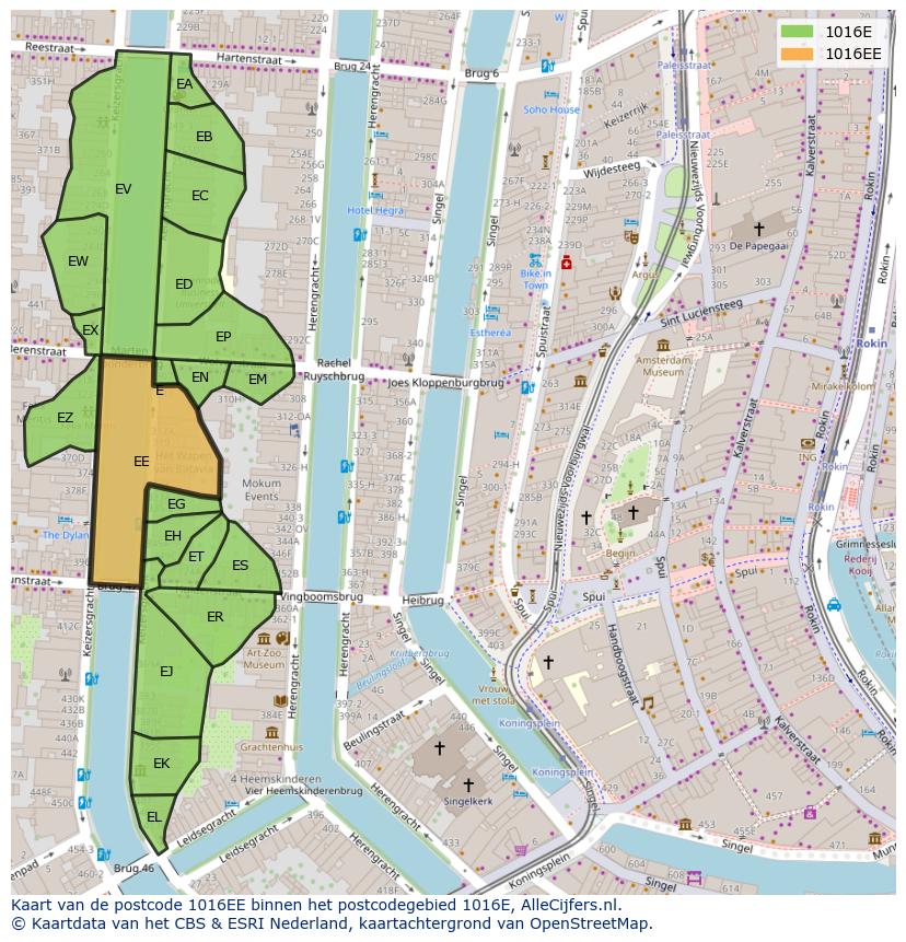 Afbeelding van het postcodegebied 1016 EE op de kaart.