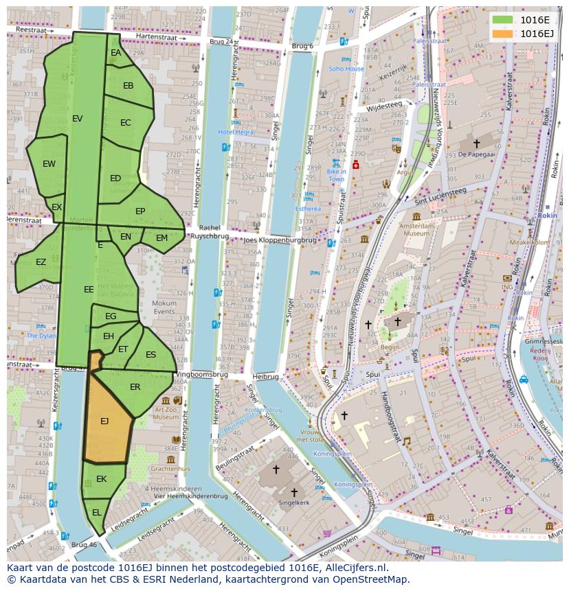 Afbeelding van het postcodegebied 1016 EJ op de kaart.