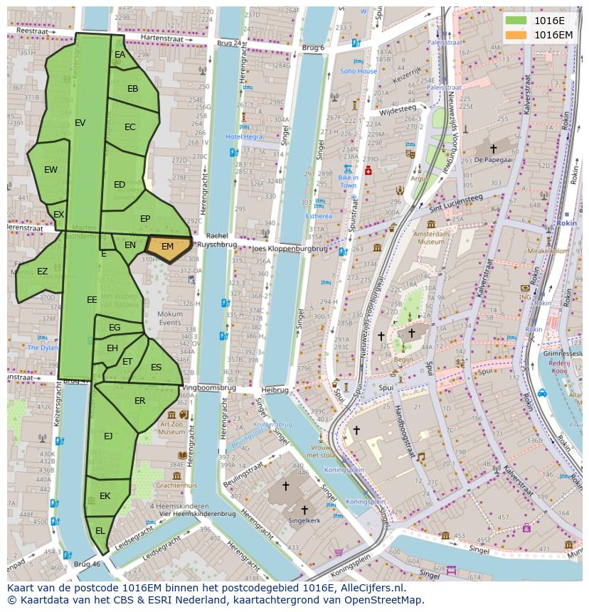 Afbeelding van het postcodegebied 1016 EM op de kaart.