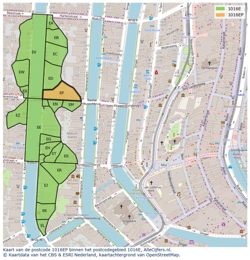 Afbeelding van het postcodegebied 1016 EP op de kaart.