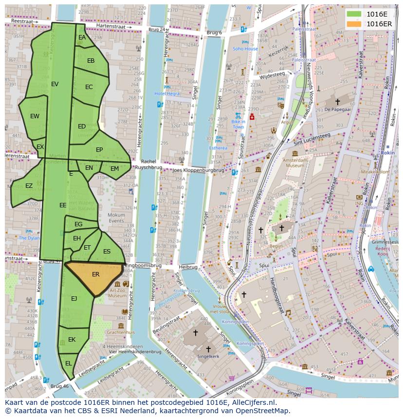 Afbeelding van het postcodegebied 1016 ER op de kaart.