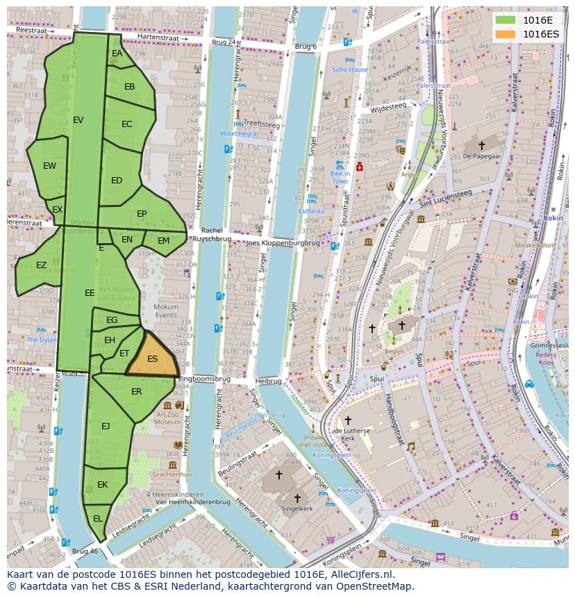 Afbeelding van het postcodegebied 1016 ES op de kaart.