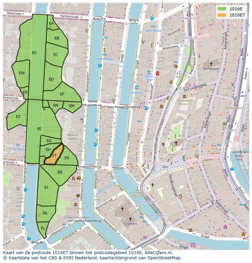 Afbeelding van het postcodegebied 1016 ET op de kaart.