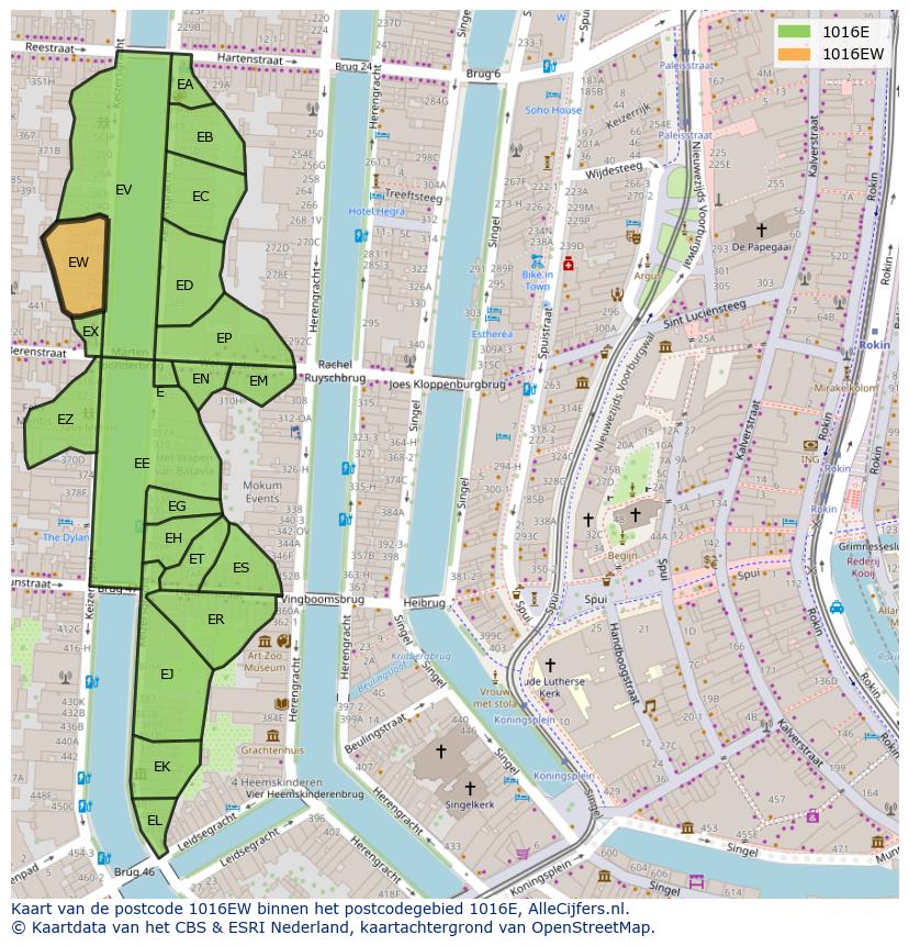 Afbeelding van het postcodegebied 1016 EW op de kaart.