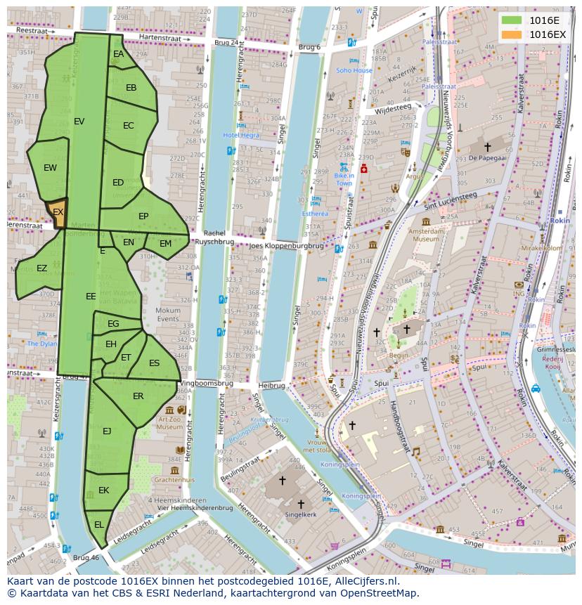 Afbeelding van het postcodegebied 1016 EX op de kaart.