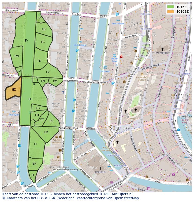 Afbeelding van het postcodegebied 1016 EZ op de kaart.
