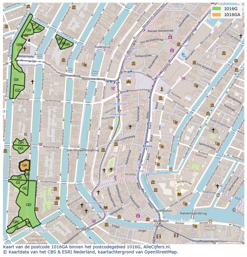 Afbeelding van het postcodegebied 1016 GA op de kaart.