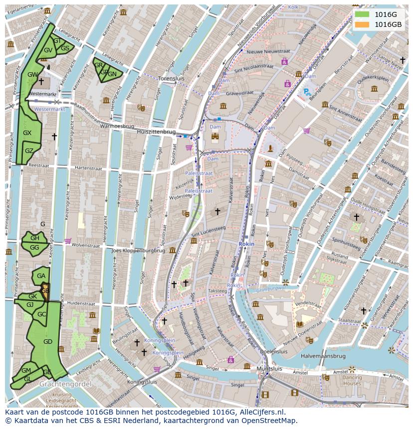 Afbeelding van het postcodegebied 1016 GB op de kaart.