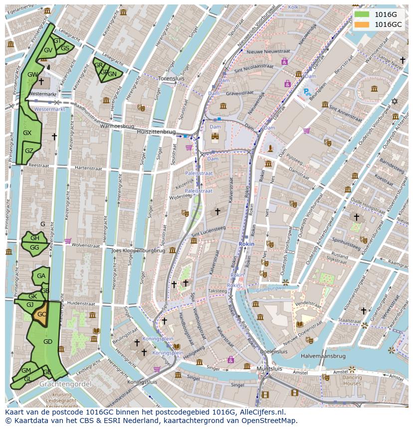 Afbeelding van het postcodegebied 1016 GC op de kaart.