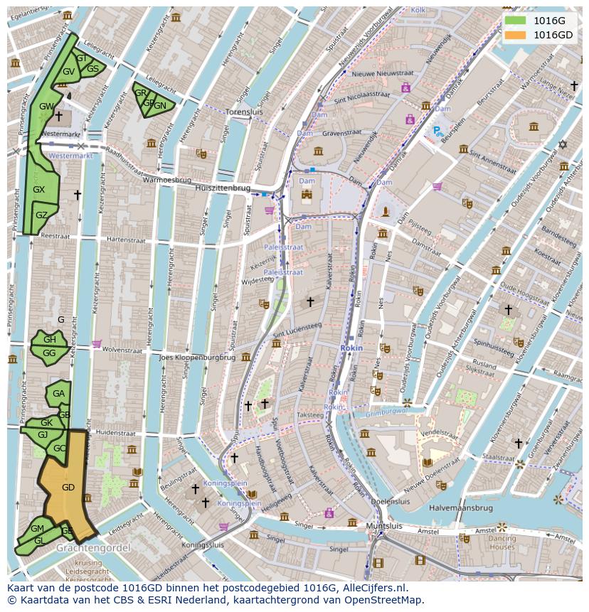 Afbeelding van het postcodegebied 1016 GD op de kaart.