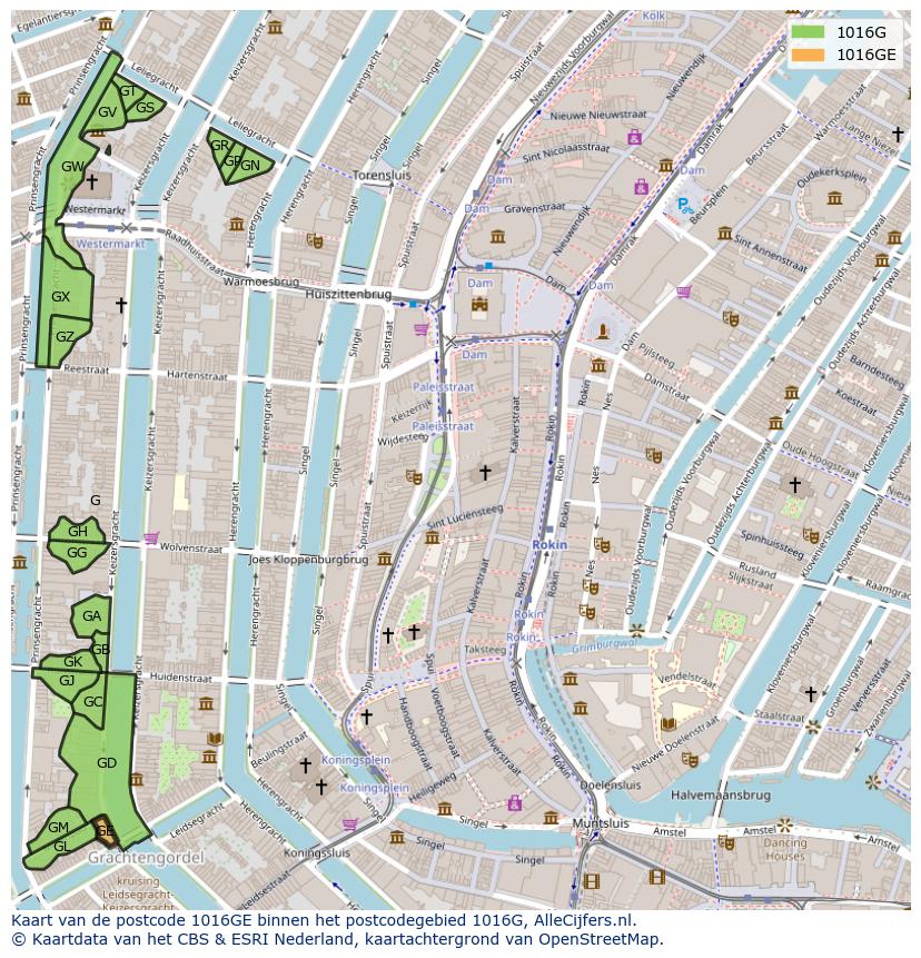 Afbeelding van het postcodegebied 1016 GE op de kaart.