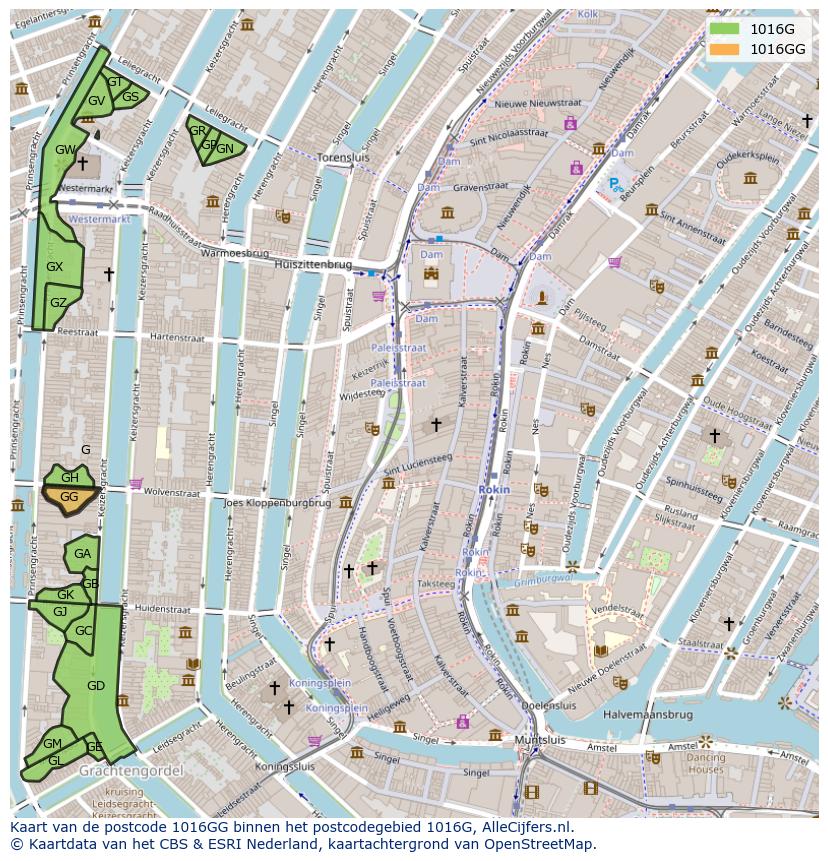Afbeelding van het postcodegebied 1016 GG op de kaart.