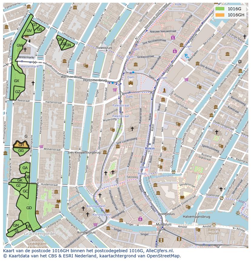 Afbeelding van het postcodegebied 1016 GH op de kaart.