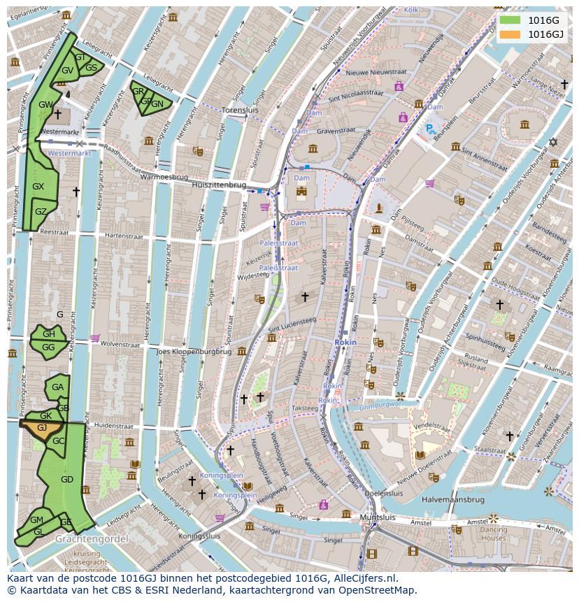 Afbeelding van het postcodegebied 1016 GJ op de kaart.