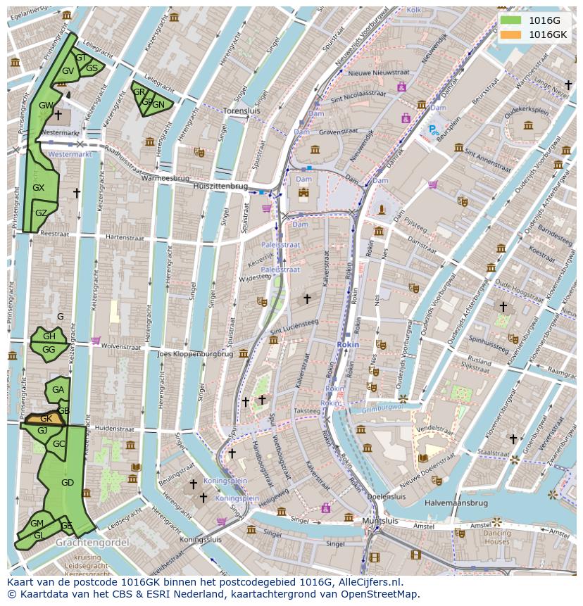 Afbeelding van het postcodegebied 1016 GK op de kaart.