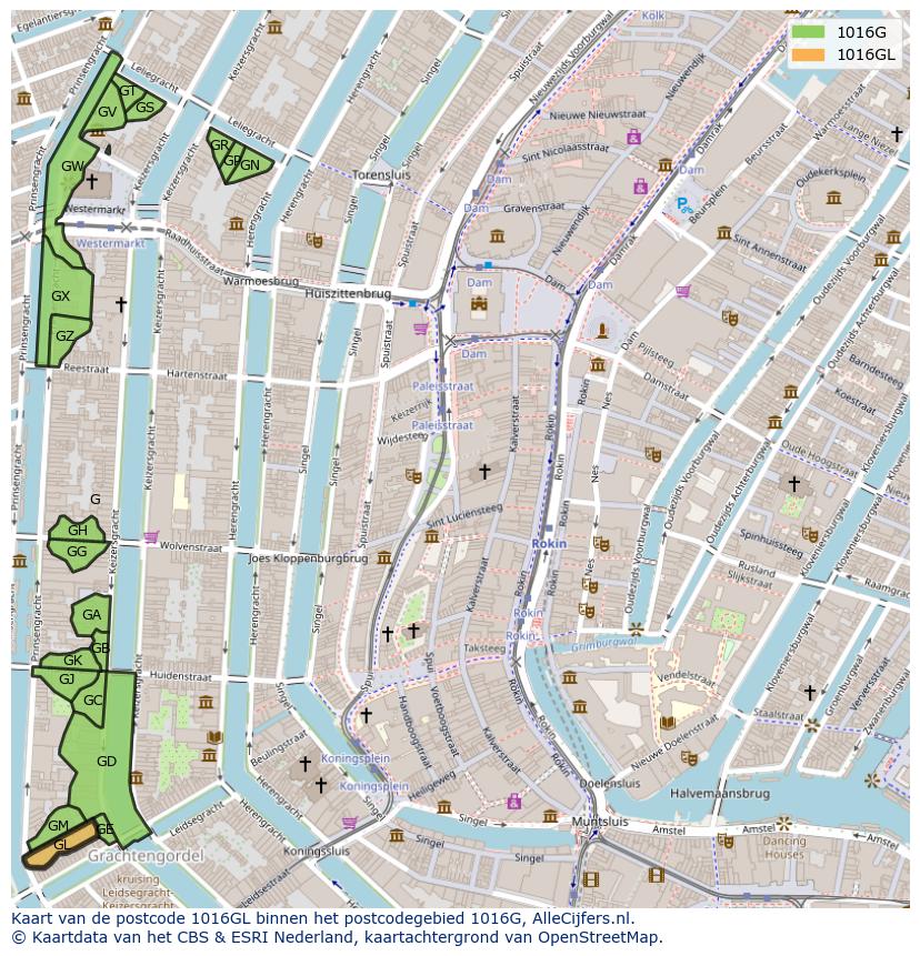Afbeelding van het postcodegebied 1016 GL op de kaart.