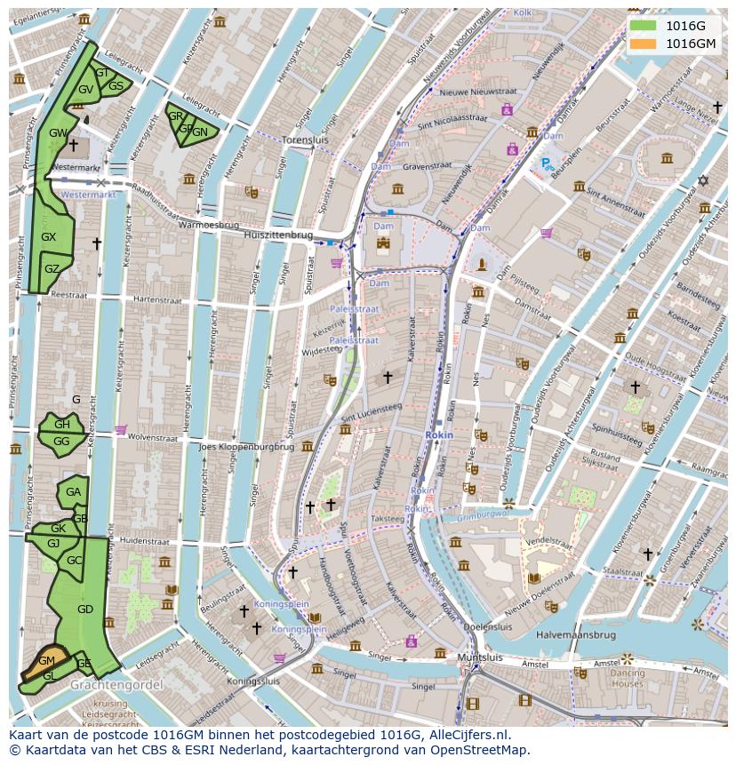 Afbeelding van het postcodegebied 1016 GM op de kaart.
