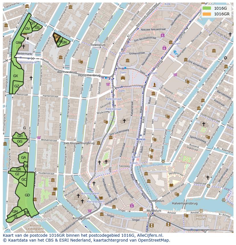 Afbeelding van het postcodegebied 1016 GR op de kaart.