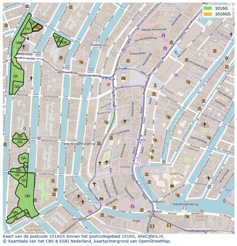 Afbeelding van het postcodegebied 1016 GS op de kaart.