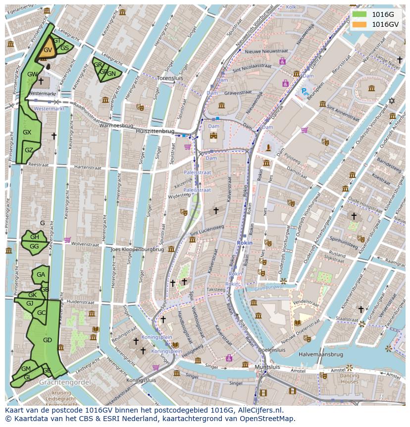 Afbeelding van het postcodegebied 1016 GV op de kaart.