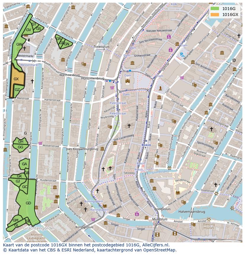 Afbeelding van het postcodegebied 1016 GX op de kaart.